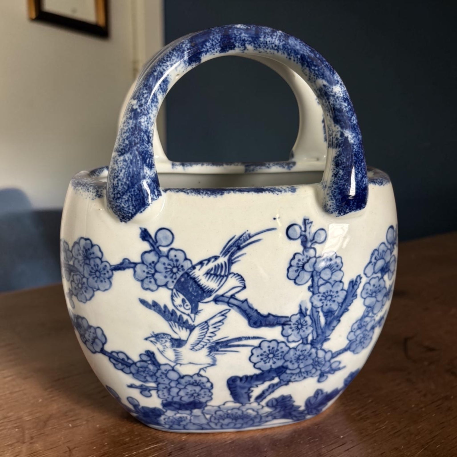 Bleu Blanc Porcelain Bag Vase – Hand-Painted Floral & Bird Design