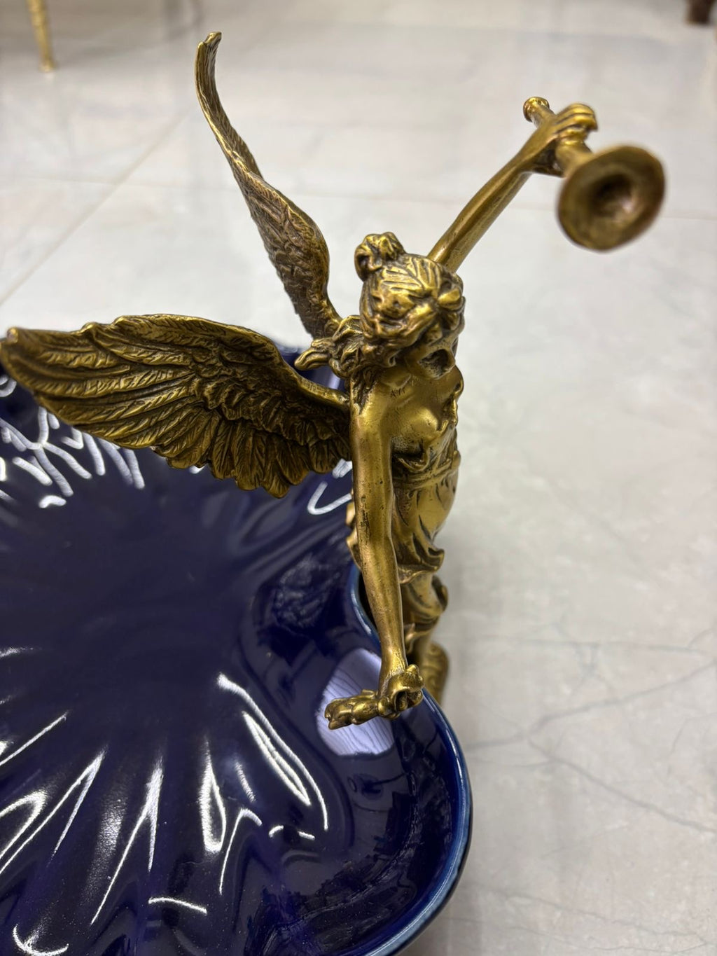 Stamped Porcelain Centerpiece with Solid Bronze Figurine – Cobalt Color