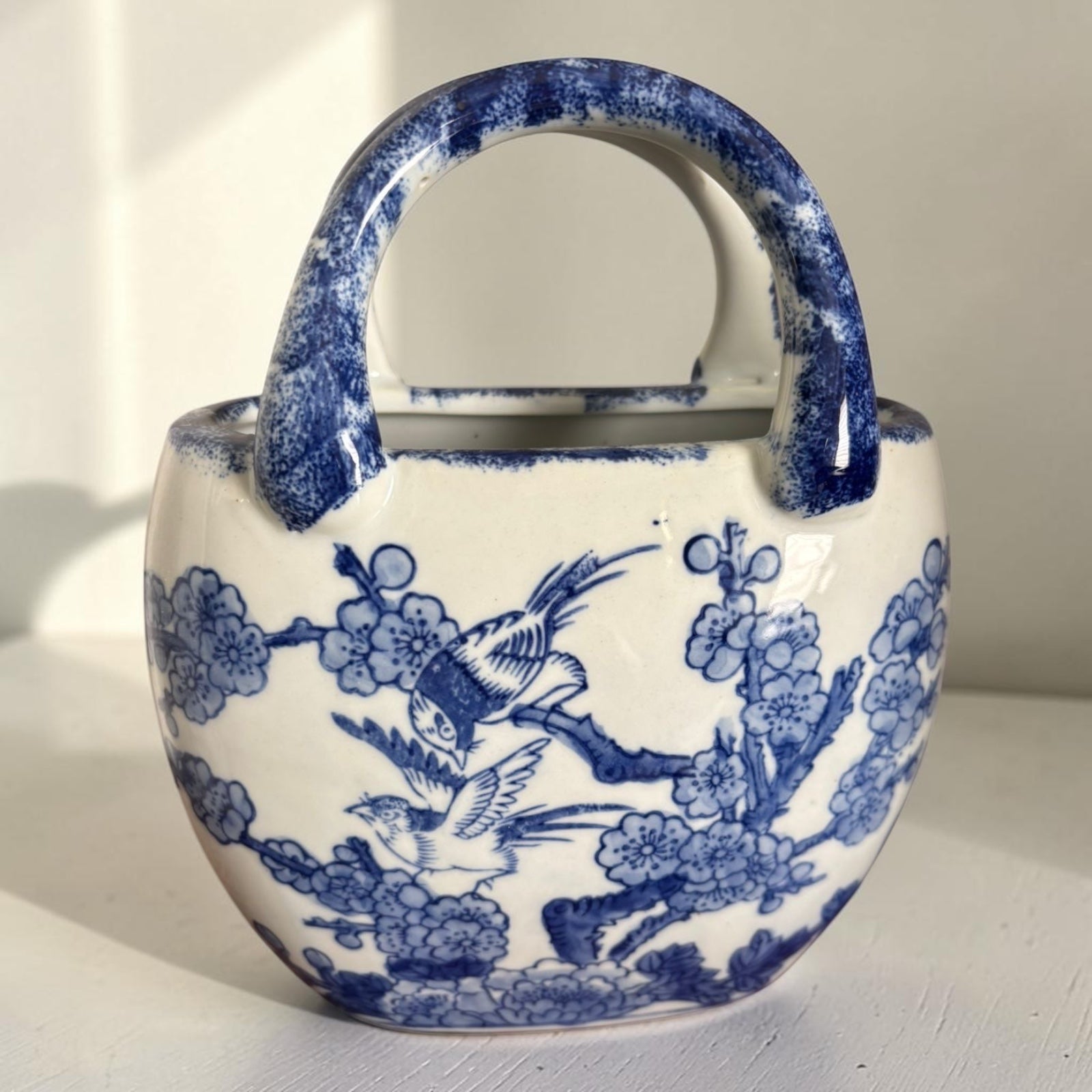 Bleu Blanc Porcelain Bag Vase – Hand-Painted Floral & Bird Design