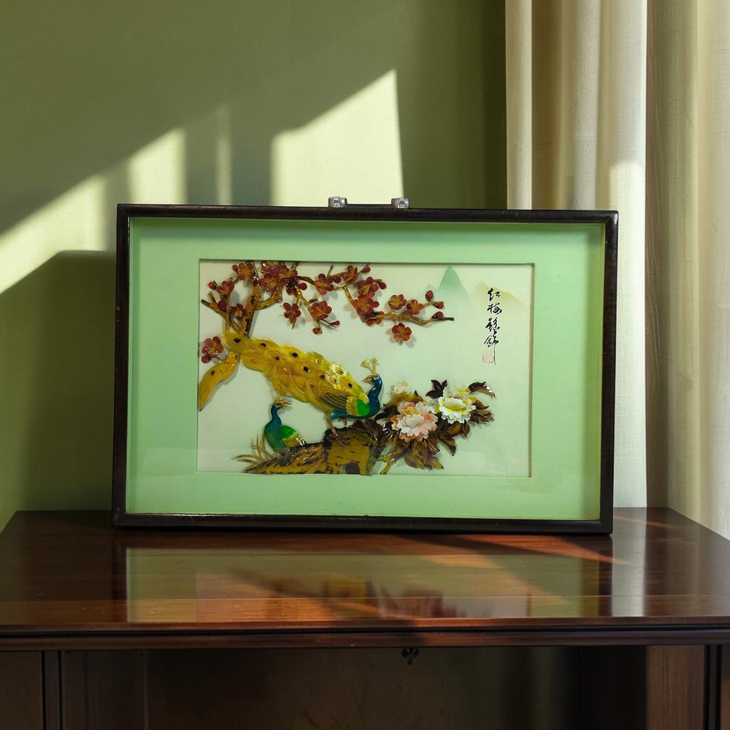 Wooden Frame with Raised Jade Floral & Bird Artwork