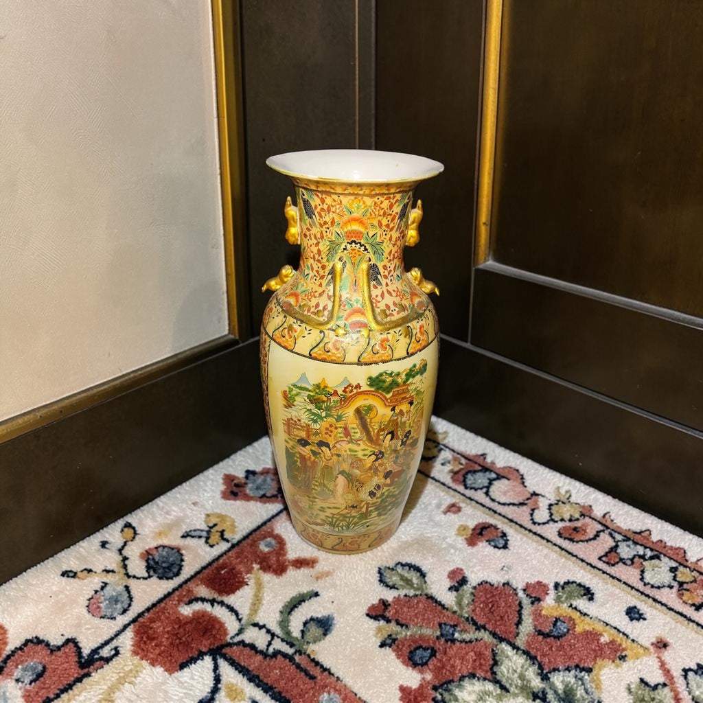 Large Chinoiserie Porcelain Vase – Raised Miniature Artwork – Hand Made with Gold Detailing