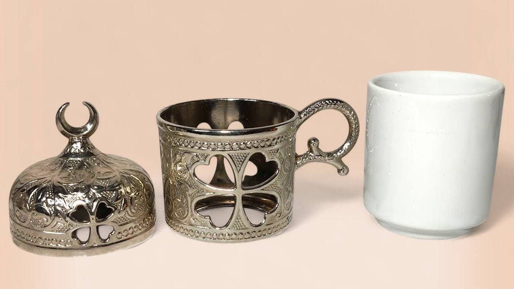 Turkish Metal Coffee Set with Tray – Islamic Design – 6 Cups
