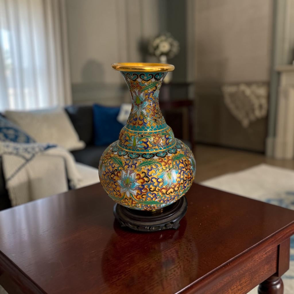 Cloisonné Vase with Wooden Base