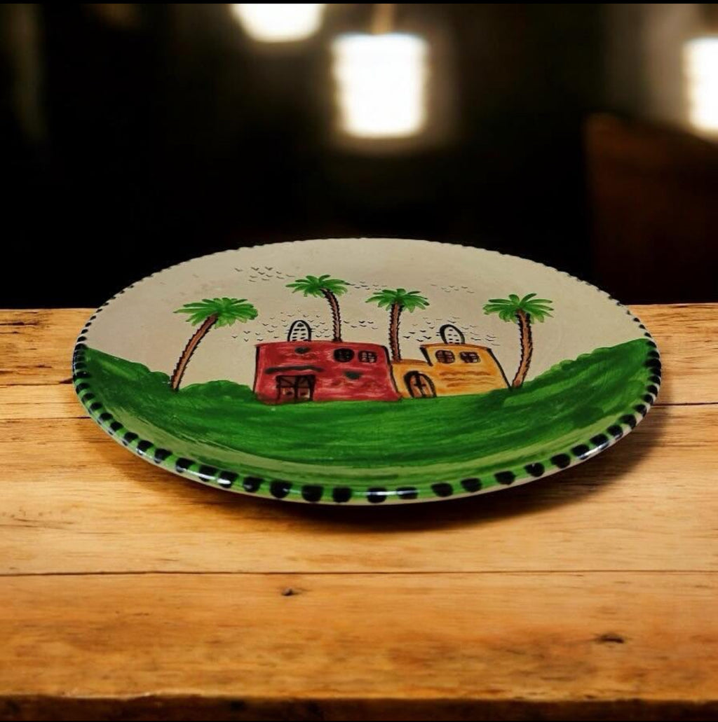 Large Egyptian Countryside Painted Pottery Platter