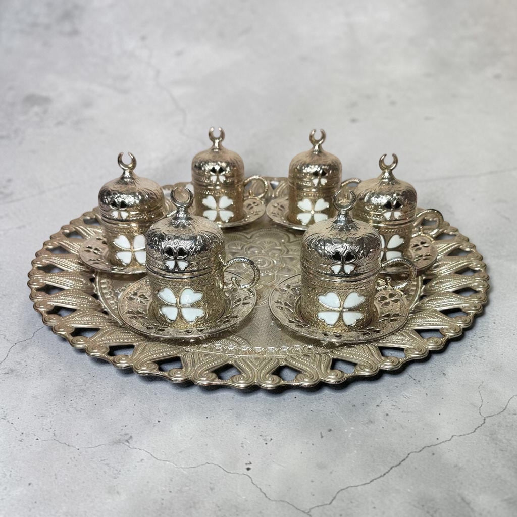 Turkish Metal Coffee Set with Tray – Islamic Design – 6 Cups