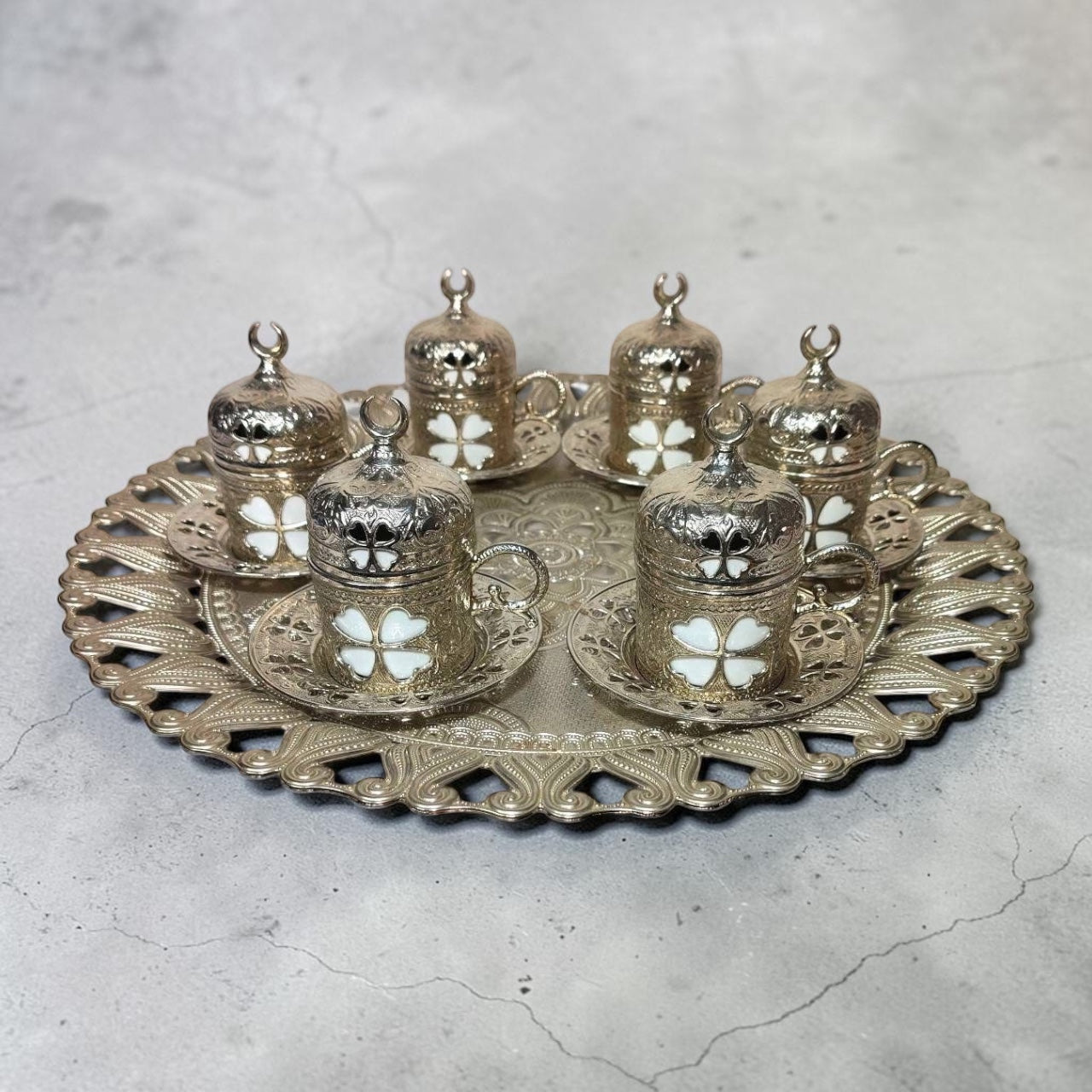 Turkish Metal Coffee Set with Tray – Islamic Design – 6 Cups