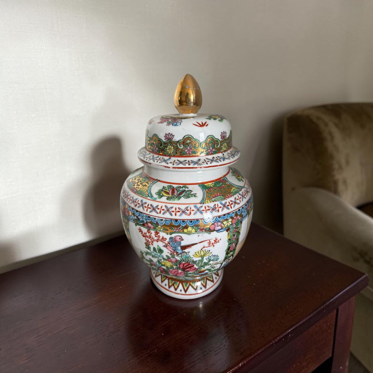 Large Vintage Chinoiserie Cachepot with Red Mark, Figures & Birds