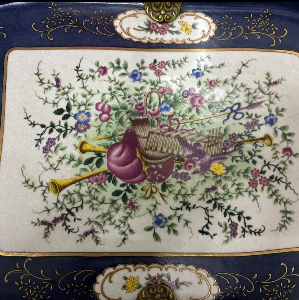 Sevres Chateau Serving Tray with Musical Instruments & Bird Motif