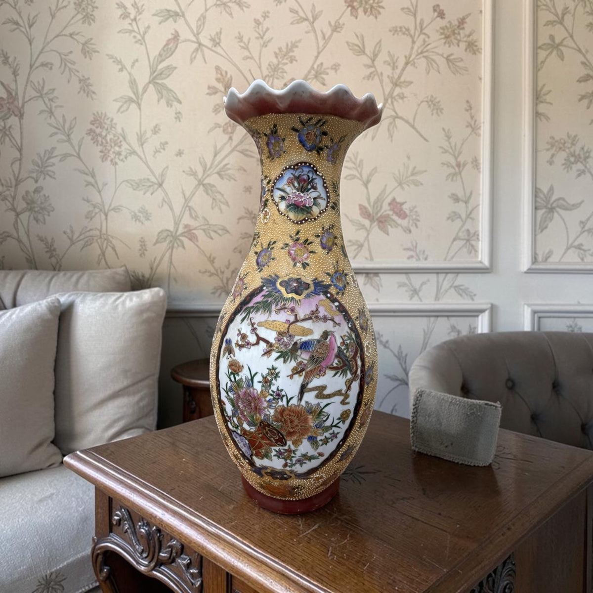 Large Chinoiserie Porcelain Vase with Raised Floral & Bird Motifs