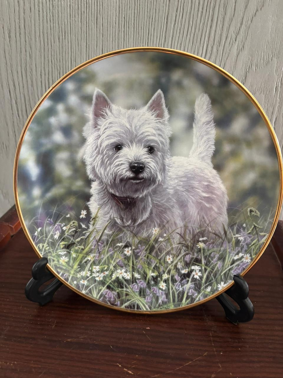 Signed English Porcelain Plate with Distinctive Miniature Artwork & Gilded Initial