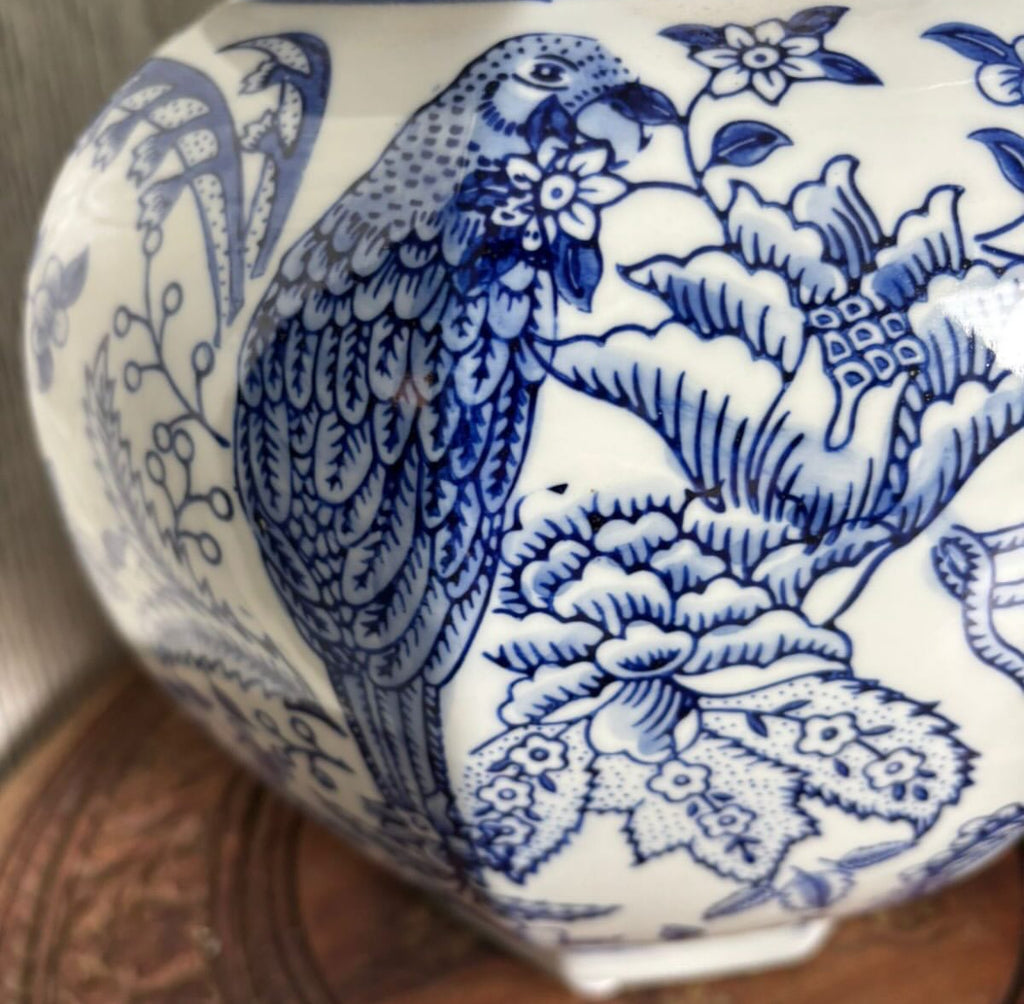 Bleu Blanc Hand-Painted Potiche with Parrot & Floral Motifs