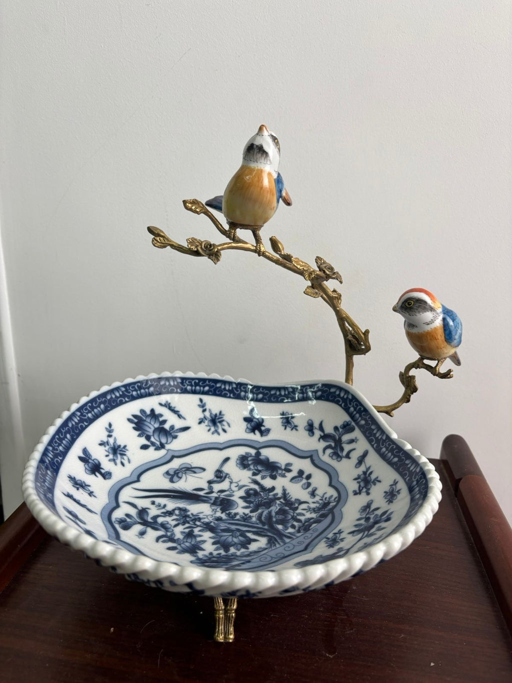 Stamped Bleu Blanc Chinoiserie Centerpiece with Bronze & Porcelain Birds