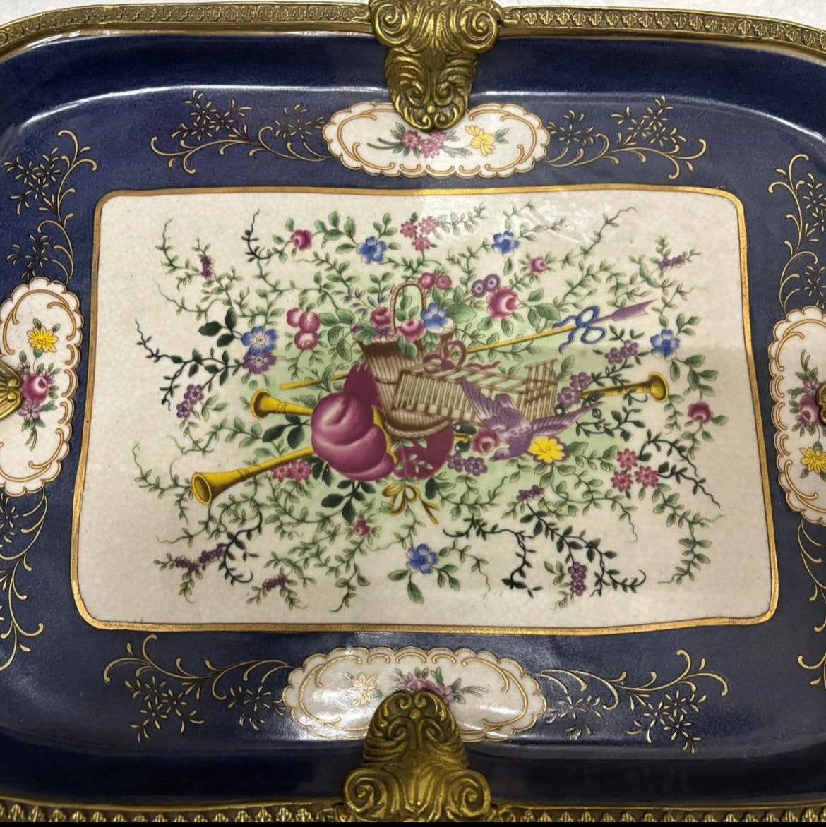 Sevres Chateau Serving Tray with Musical Instruments & Bird Motif