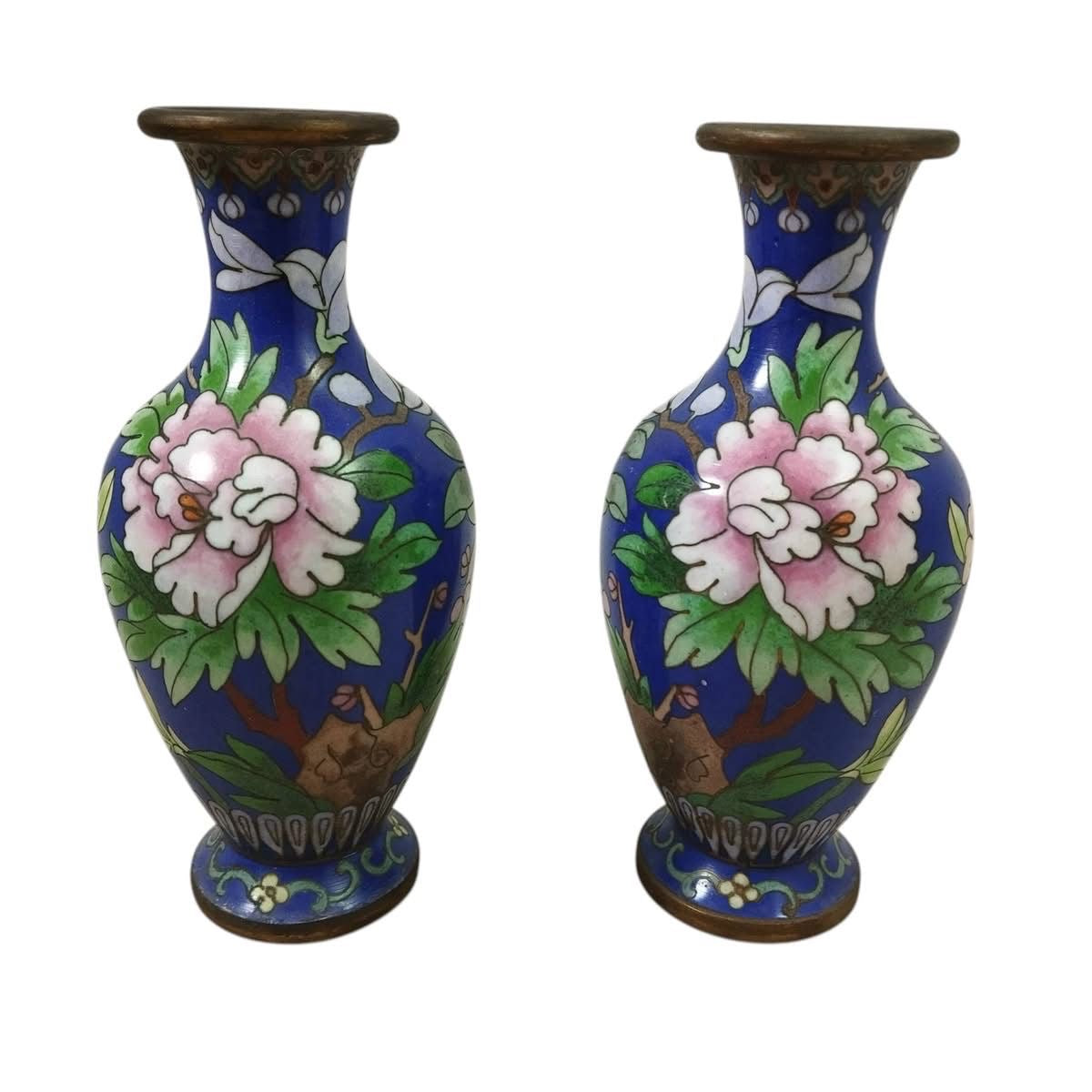 Vintage Cloisonné Vase Pair – Smooth Finish – China
