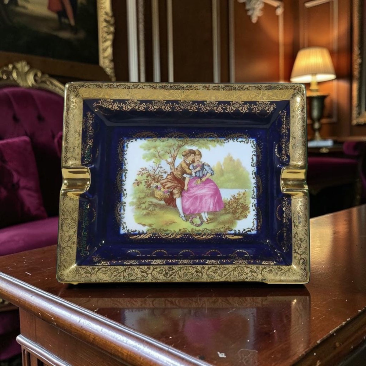 Large French Limoges Porcelain Ashtray with Miniature Artwork & Gold Accents
