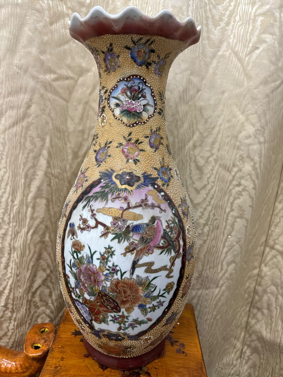 Large Chinoiserie Porcelain Vase with Raised Floral & Bird Motifs
