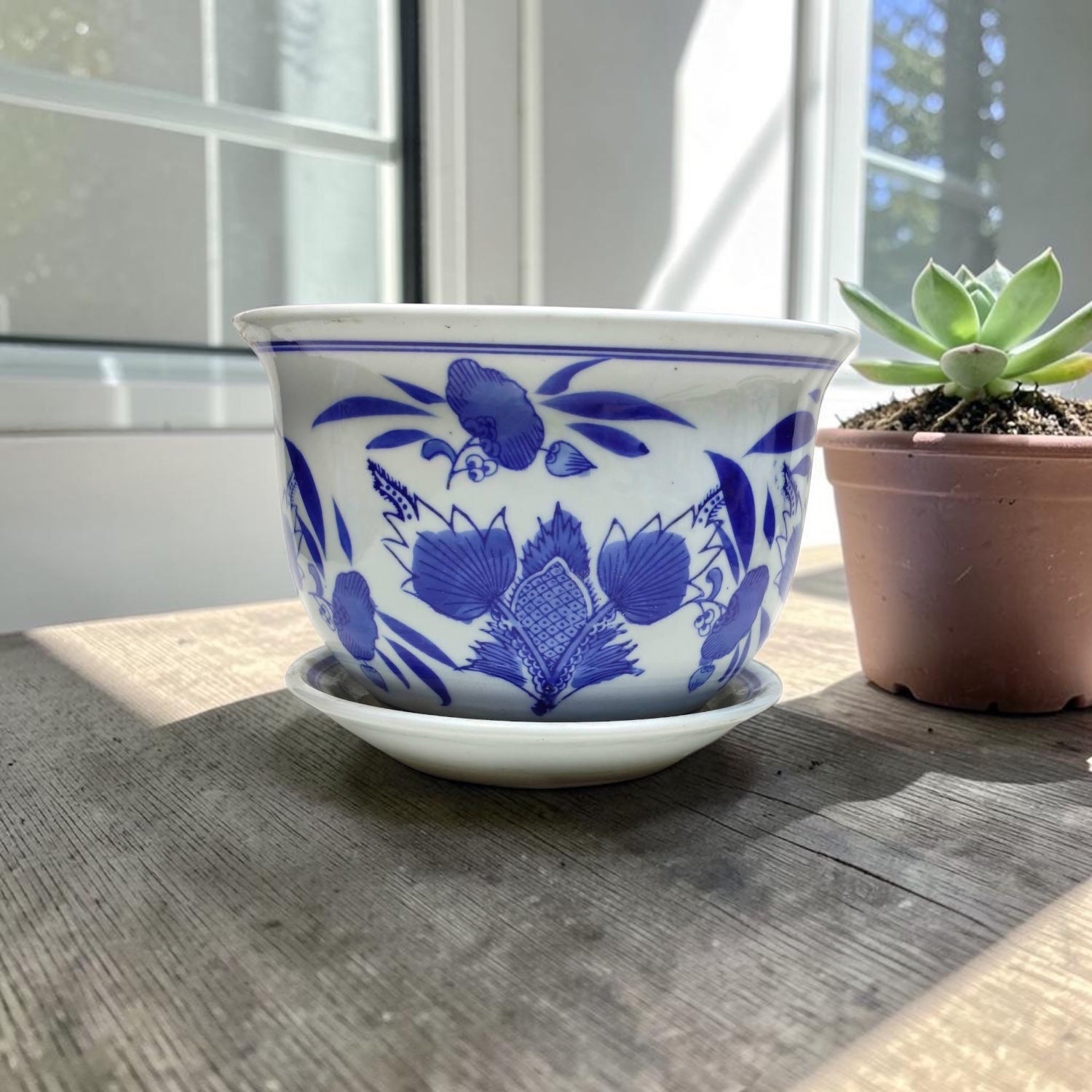 Bleu Blanc Porcelain Cachepots with Matching Saucers