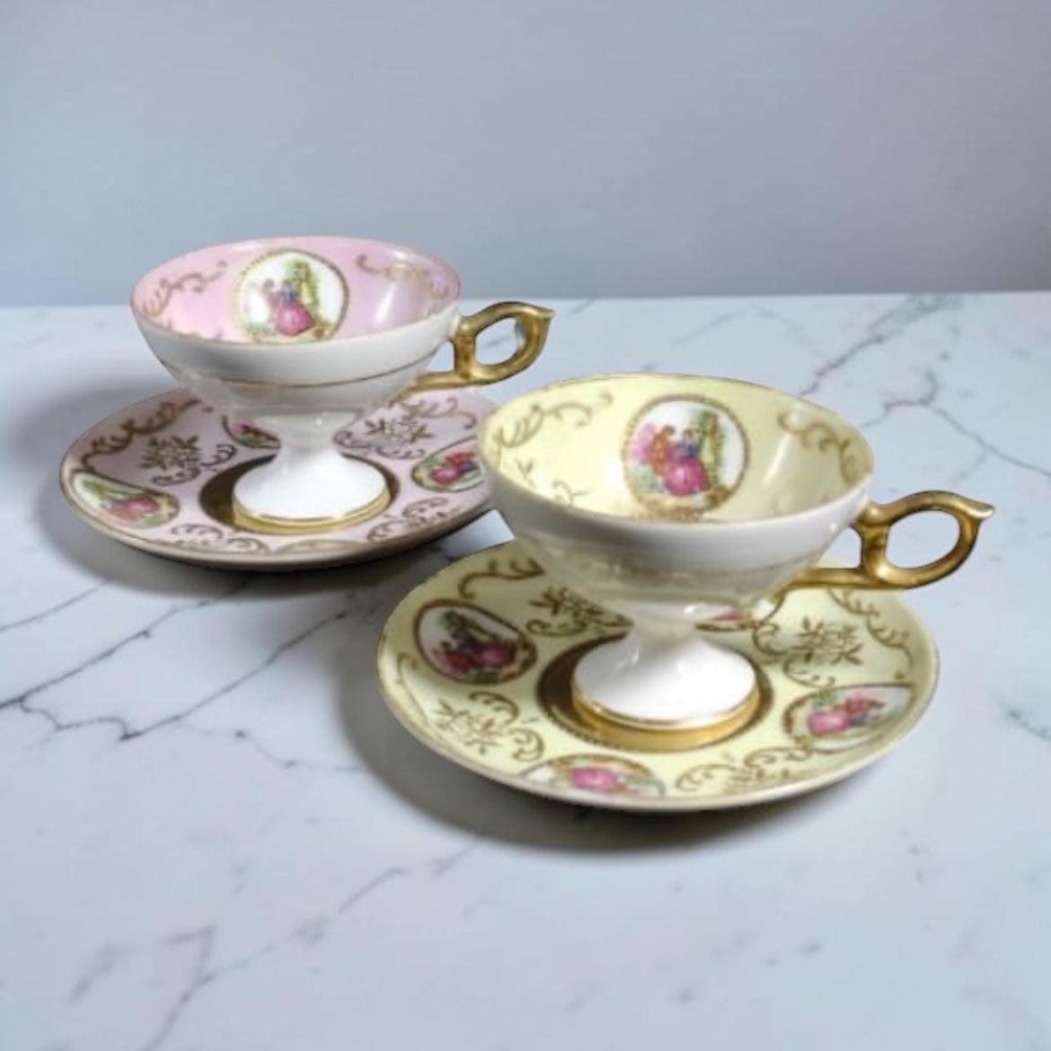Porcelain Demitasse Cups & Saucers with Miniature Decoration and Gold Trim