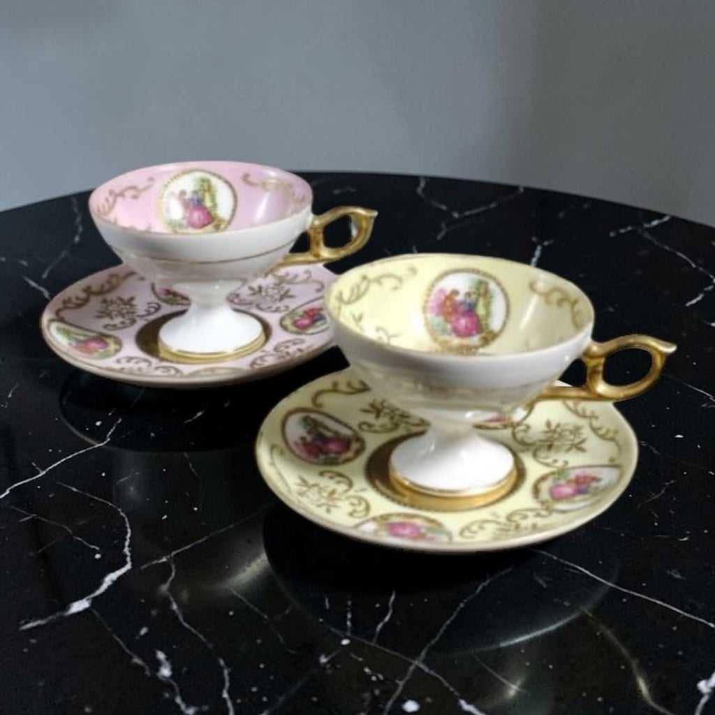 Porcelain Demitasse Cups & Saucers with Miniature Decoration and Gold Trim