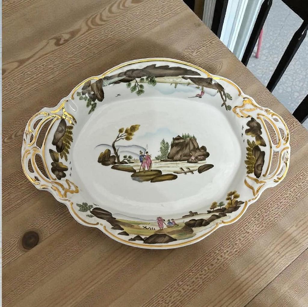 Hand-Painted Gold-Accented Fishermen Porcelain Platter