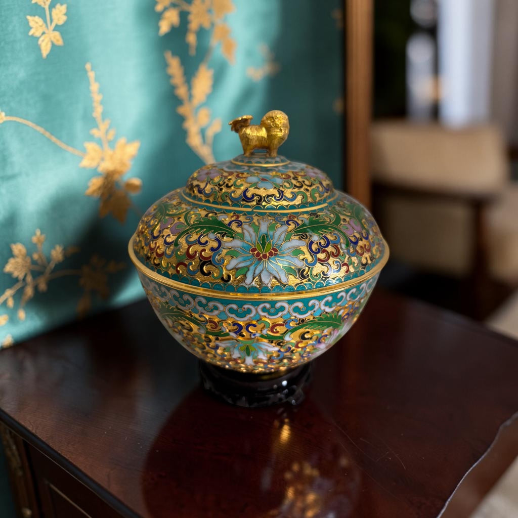 Raised Cloisonné Lidded Jar with Lion Finial – Wooden Base