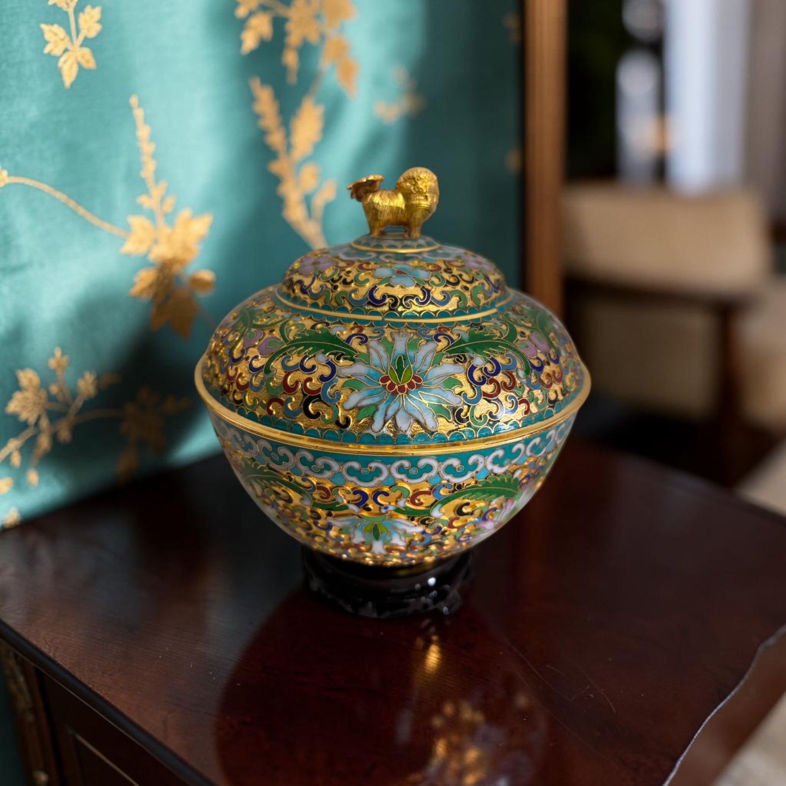 Raised Cloisonné Lidded Jar with Lion Finial – Wooden Base