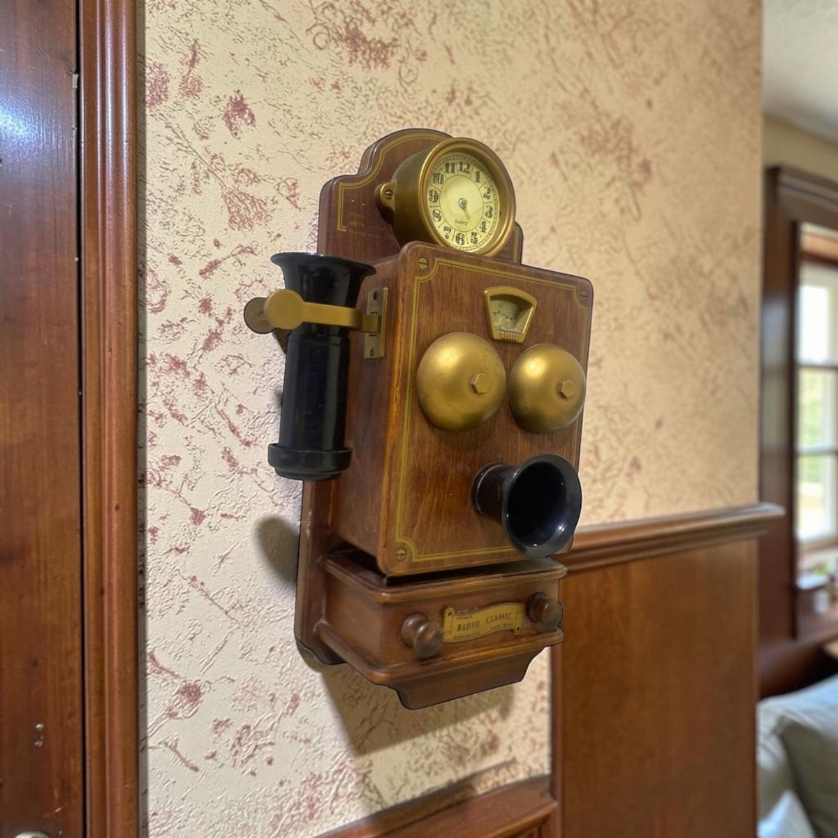 Vintage European Handcrafted Oak Radio & Clock with Bronze Inlay