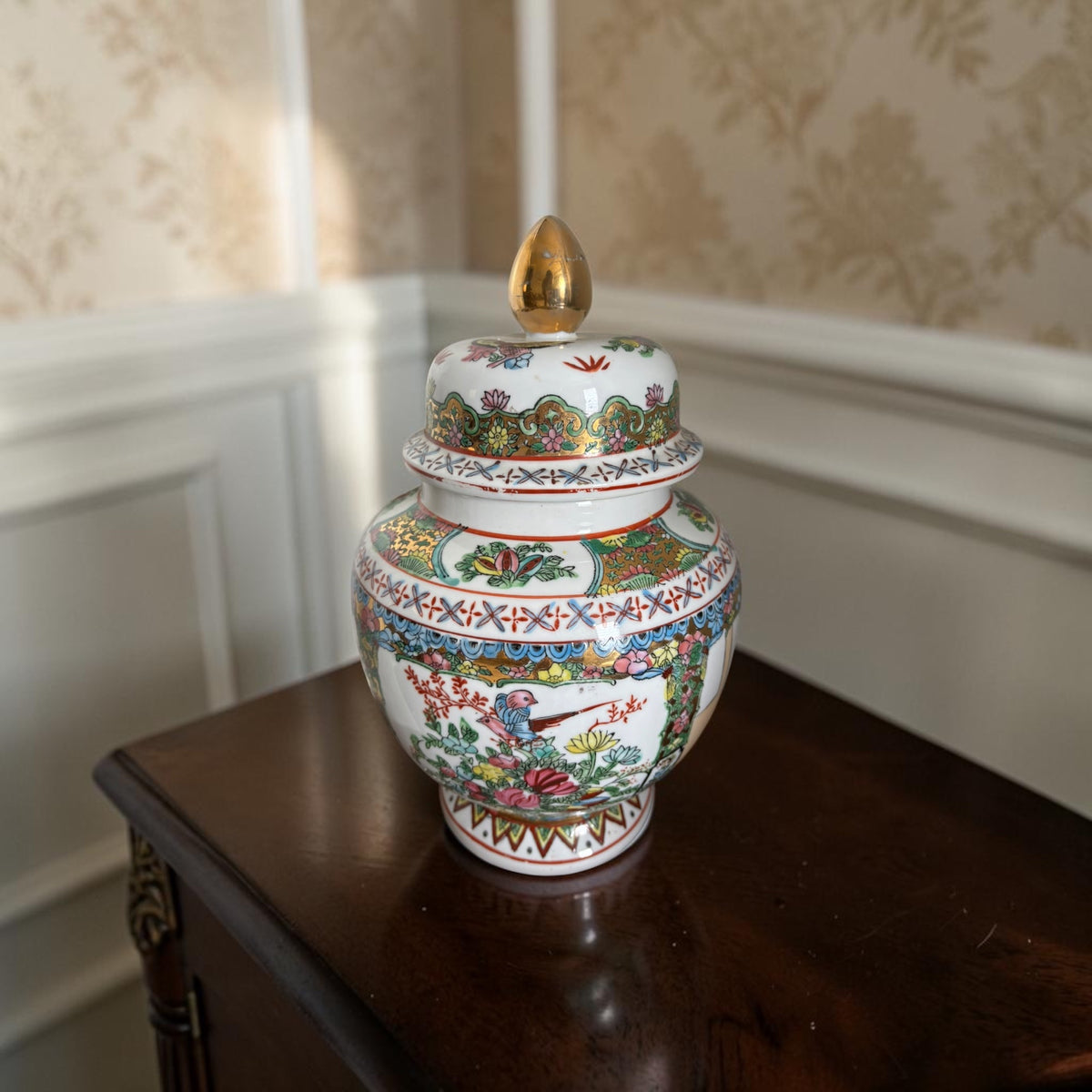 Large Vintage Chinoiserie Cachepot with Red Mark, Figures & Birds