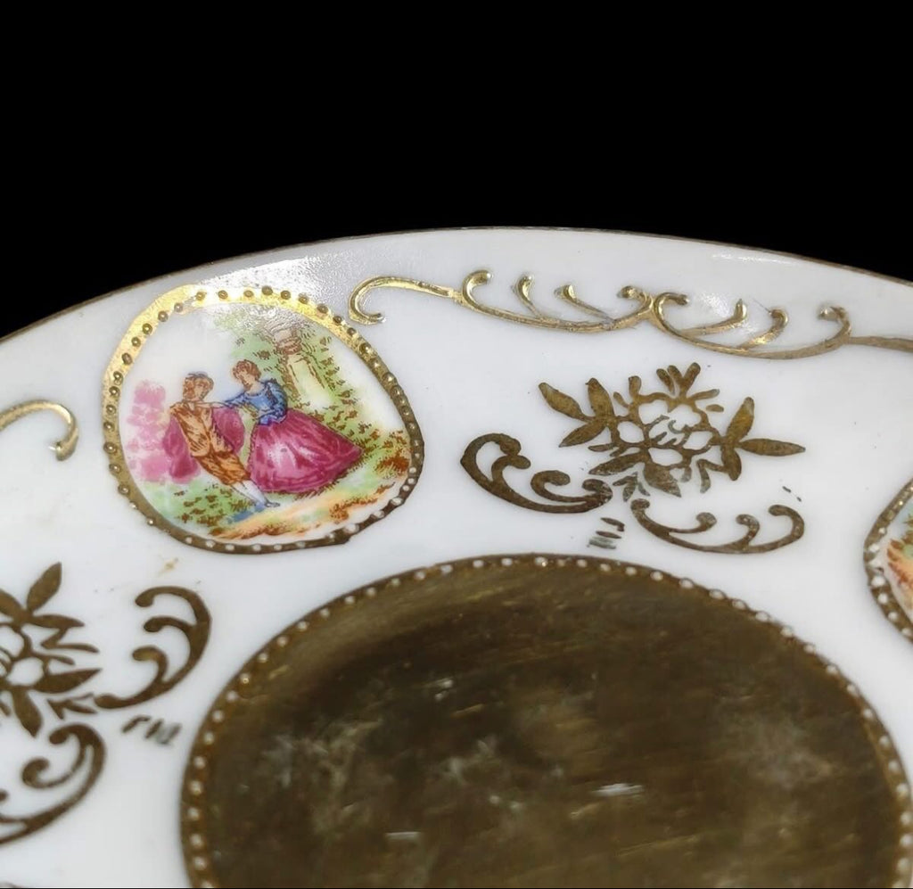 Porcelain Demitasse Cups & Saucers with Miniature Decoration and Gold Trim