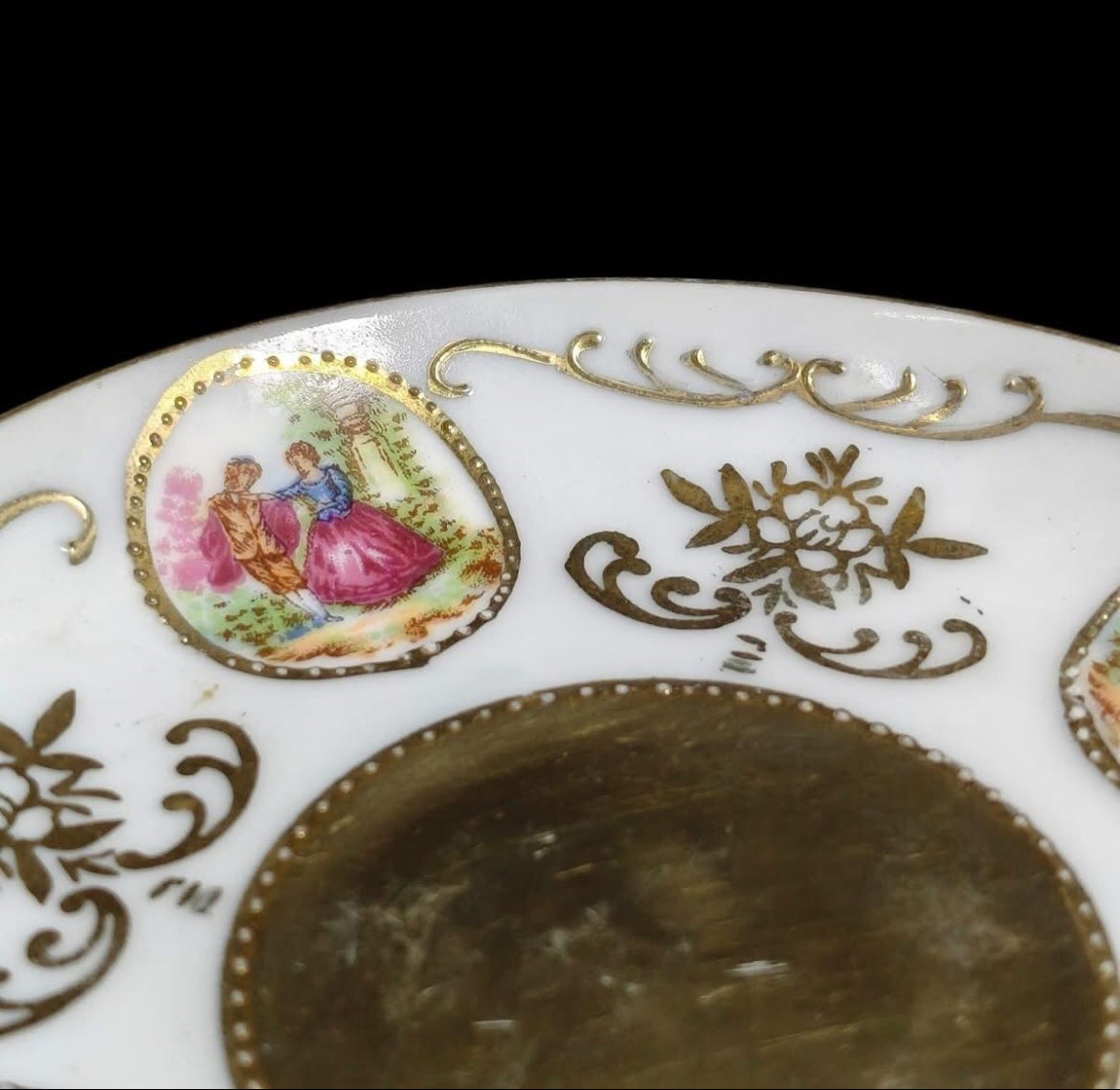 Porcelain Demitasse Cups & Saucers with Miniature Decoration and Gold Trim