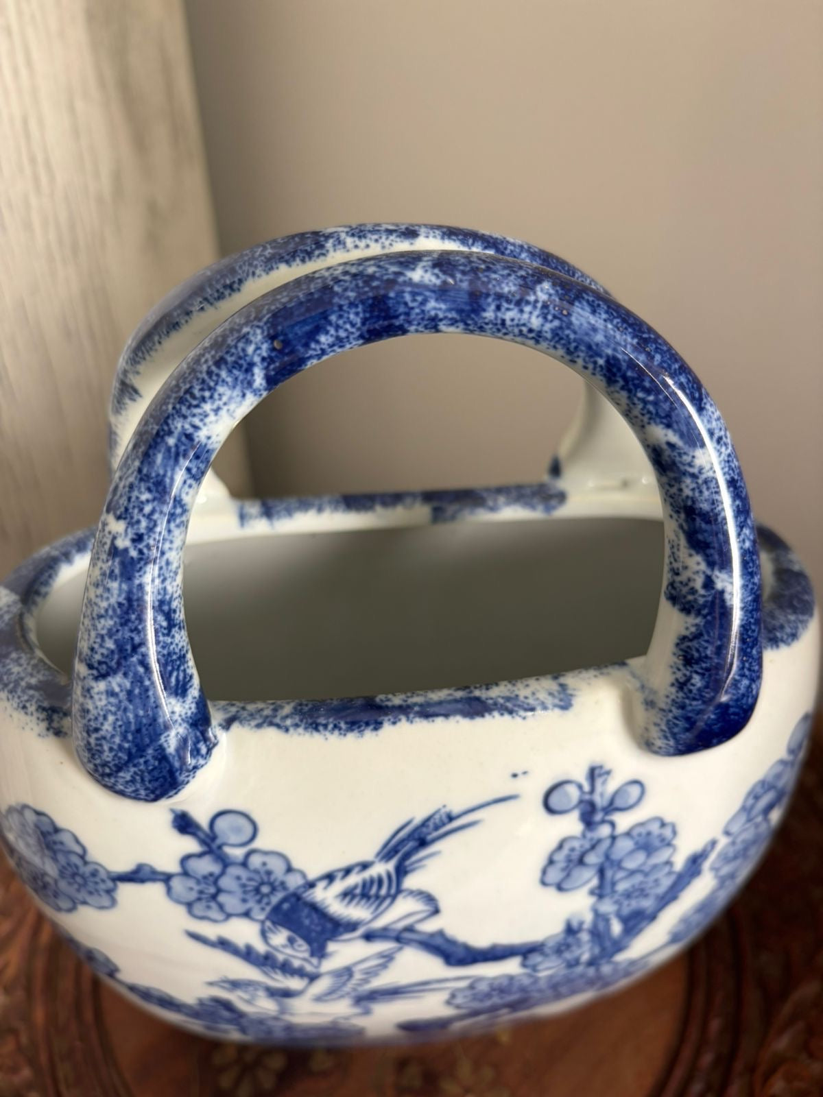 Bleu Blanc Porcelain Bag Vase – Hand-Painted Floral & Bird Design