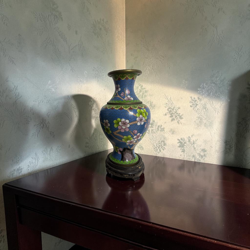 Smooth Cloisonné Vase with Floral & Bird Motifs and Base