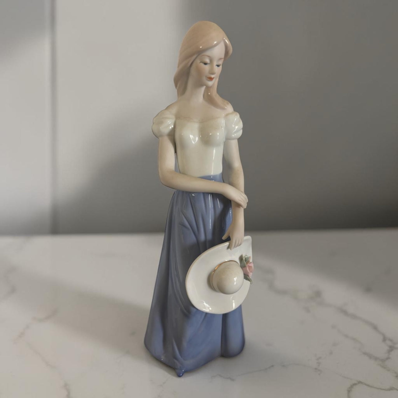 European Porcelain Figurine – Lady with Bonnet – Blue & White Dress