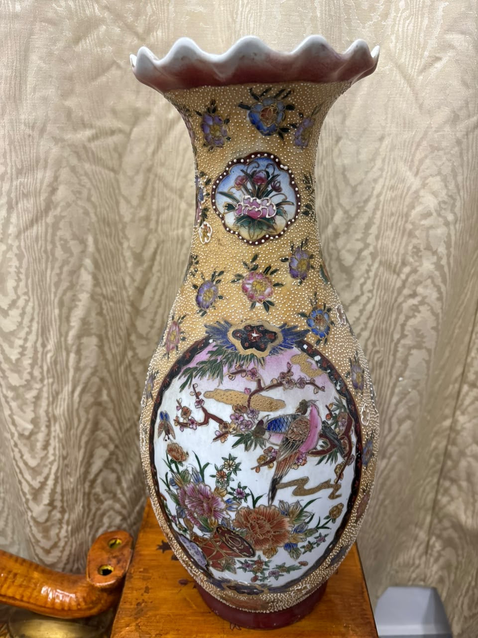 Large Chinoiserie Porcelain Vase with Raised Floral & Bird Motifs