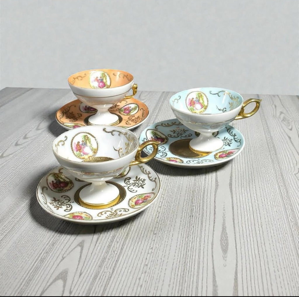 Porcelain Demitasse Cups & Saucers with Miniature Decoration and Gold Trim