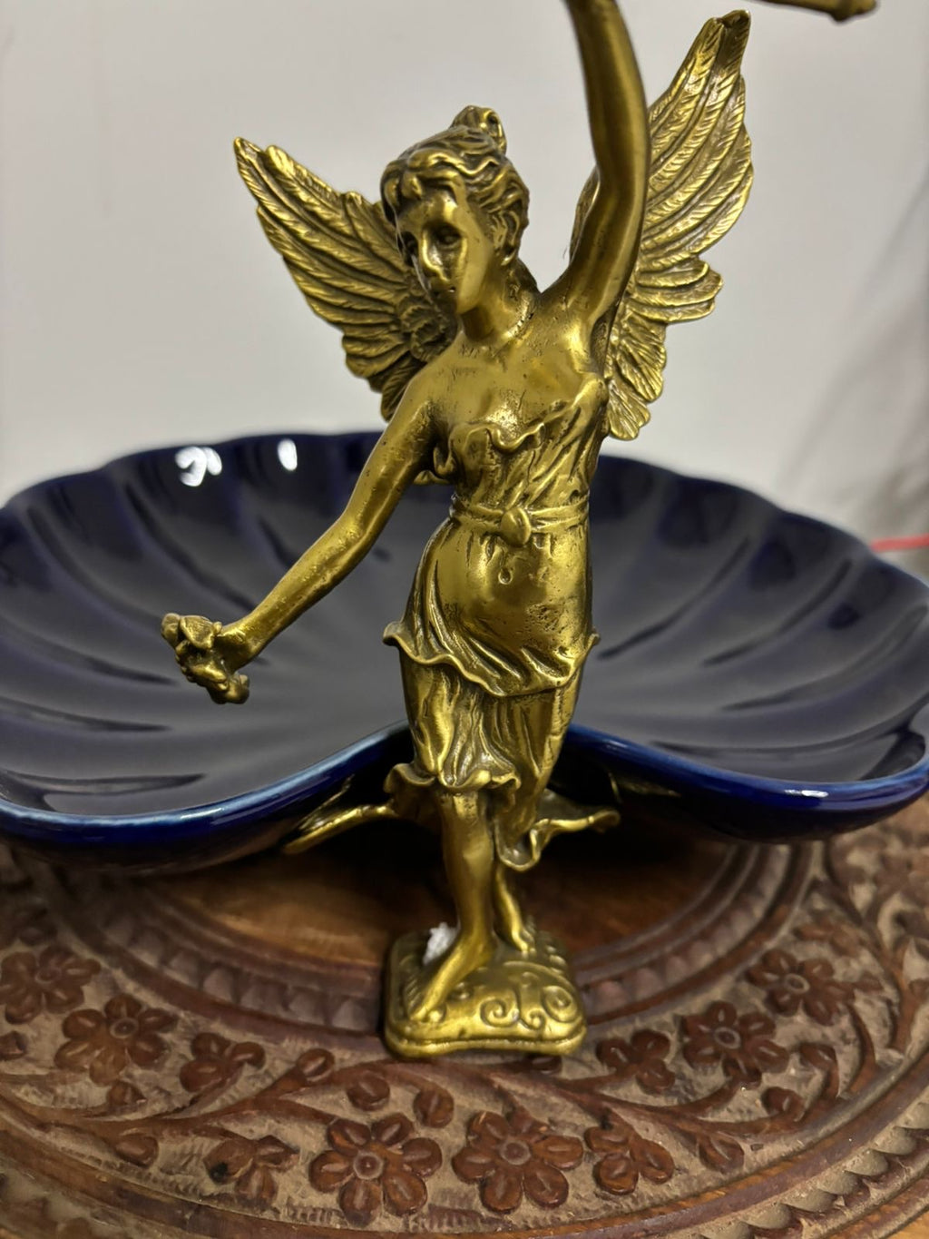 Stamped Porcelain Centerpiece with Solid Bronze Figurine – Cobalt Color