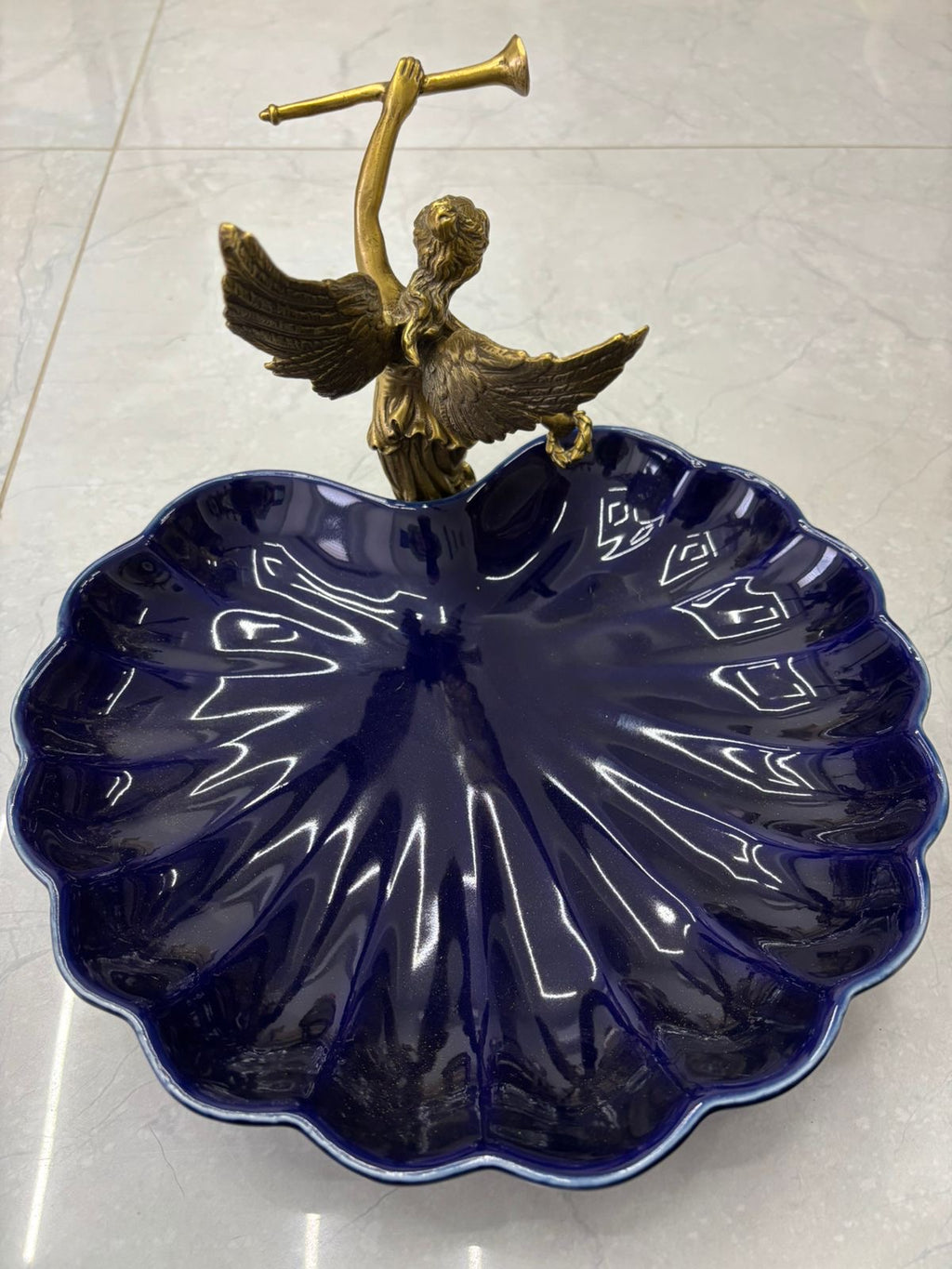 Stamped Porcelain Centerpiece with Solid Bronze Figurine – Cobalt Color