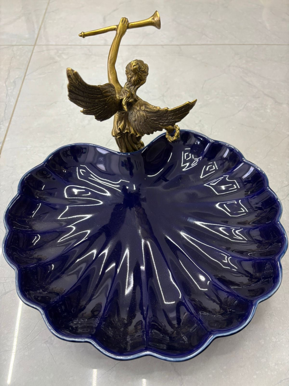 Stamped Porcelain Centerpiece with Solid Bronze Figurine – Cobalt Color