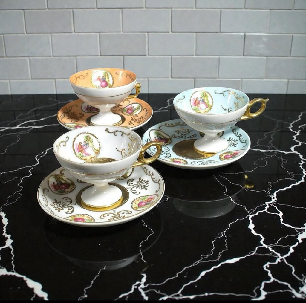 Porcelain Demitasse Cups & Saucers with Miniature Decoration and Gold Trim