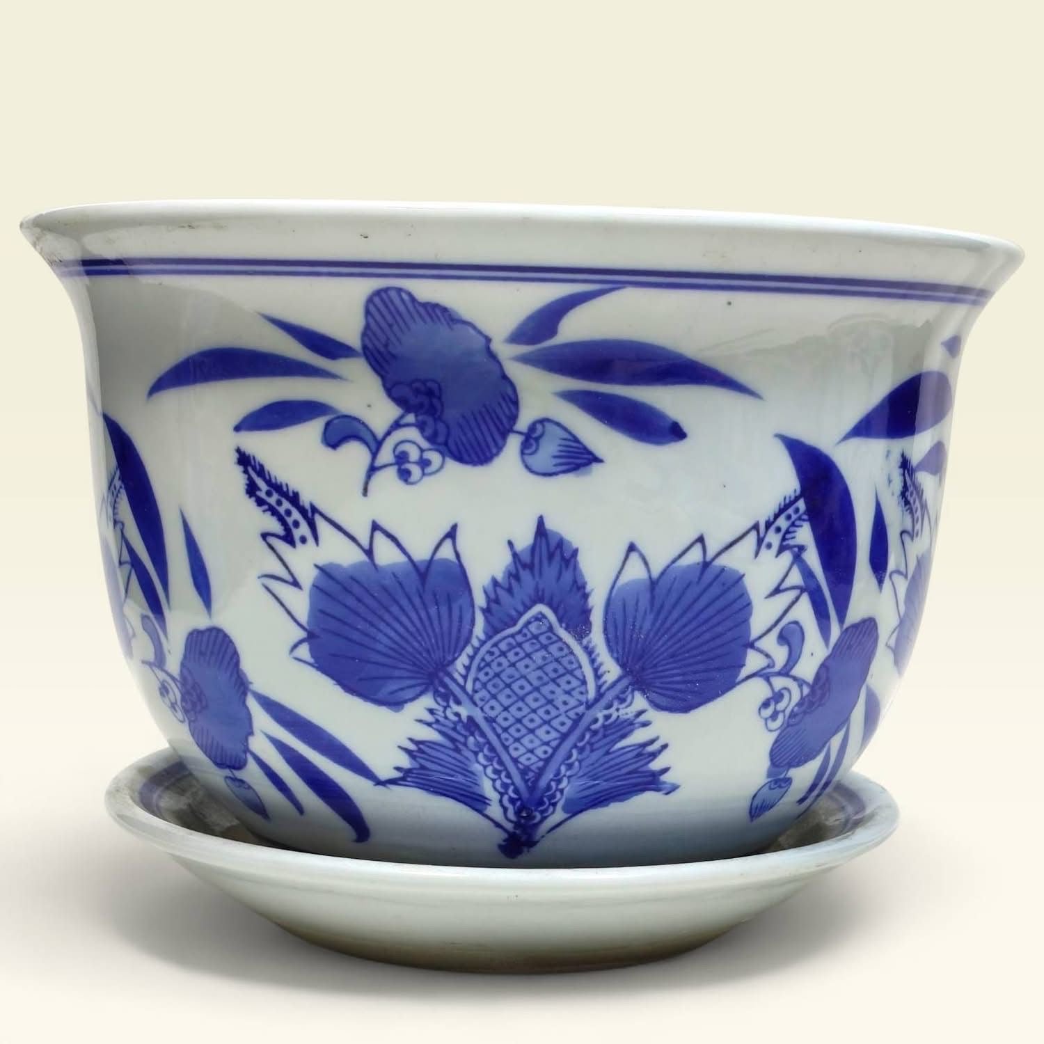 Bleu Blanc Porcelain Cachepots with Matching Saucers
