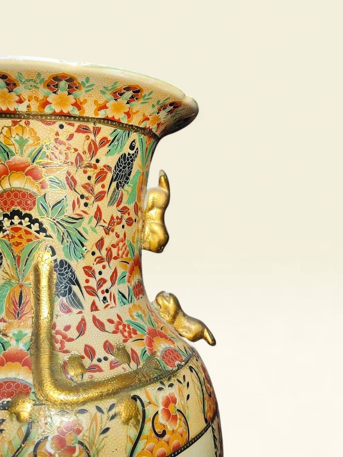 Large Chinoiserie Porcelain Vase – Raised Miniature Artwork – Hand Made with Gold Detailing