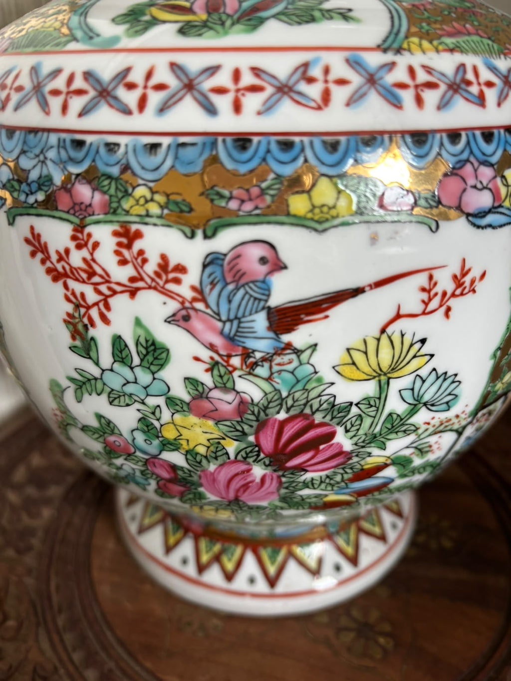 Large Vintage Chinoiserie Cachepot with Red Mark, Figures & Birds