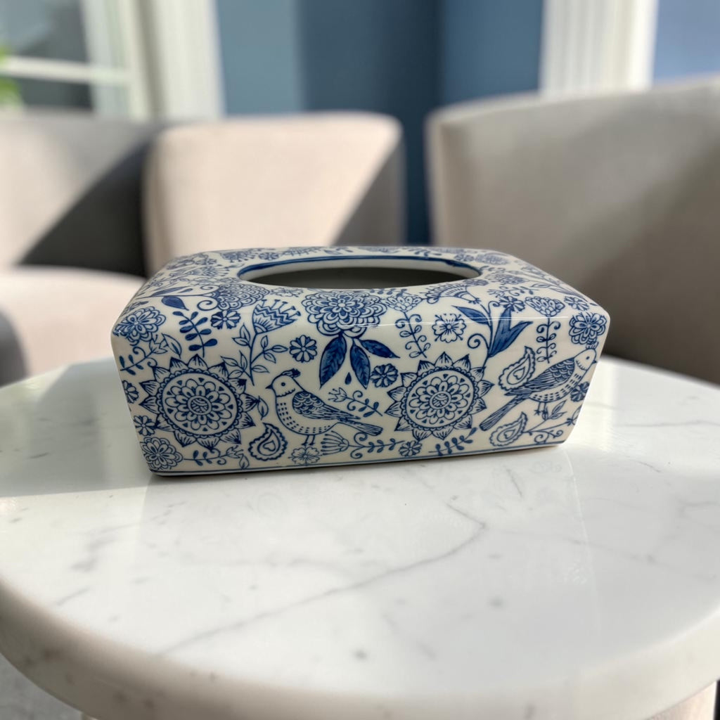 Bleu Blanc Hand-Painted Tissue Box