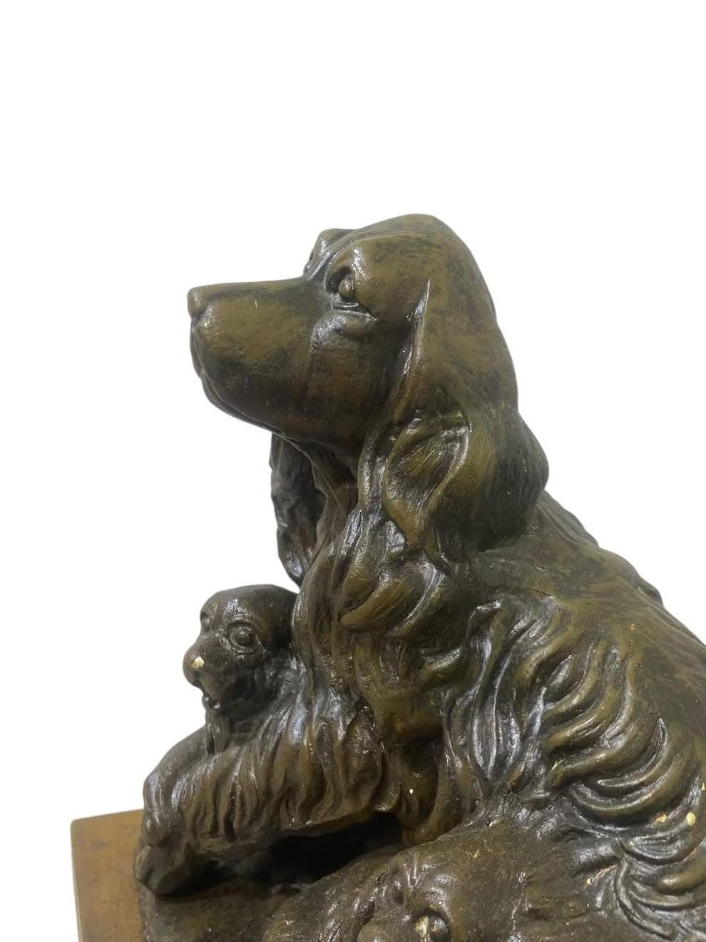 Authentic Antique French Spelter (Semi-Bronze) Statue – Three Dogs – Solid Wood Base