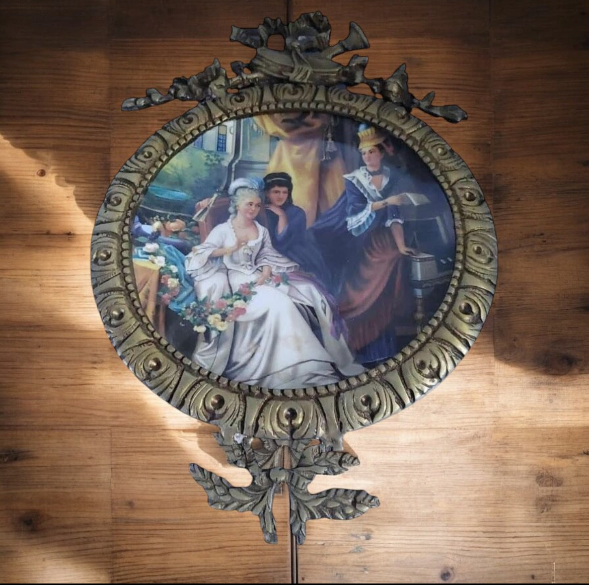 Framed Porcelain Plate Tableau – “Ladies of the Palace” Scene – Antique Brass Frame
