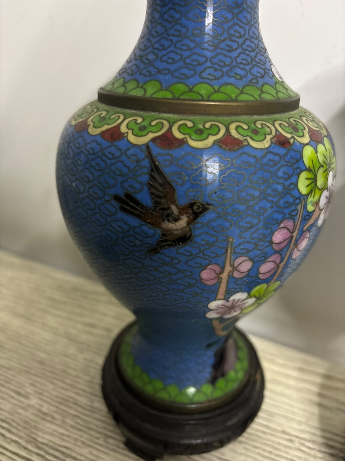 Smooth Cloisonné Vase with Floral & Bird Motifs and Base