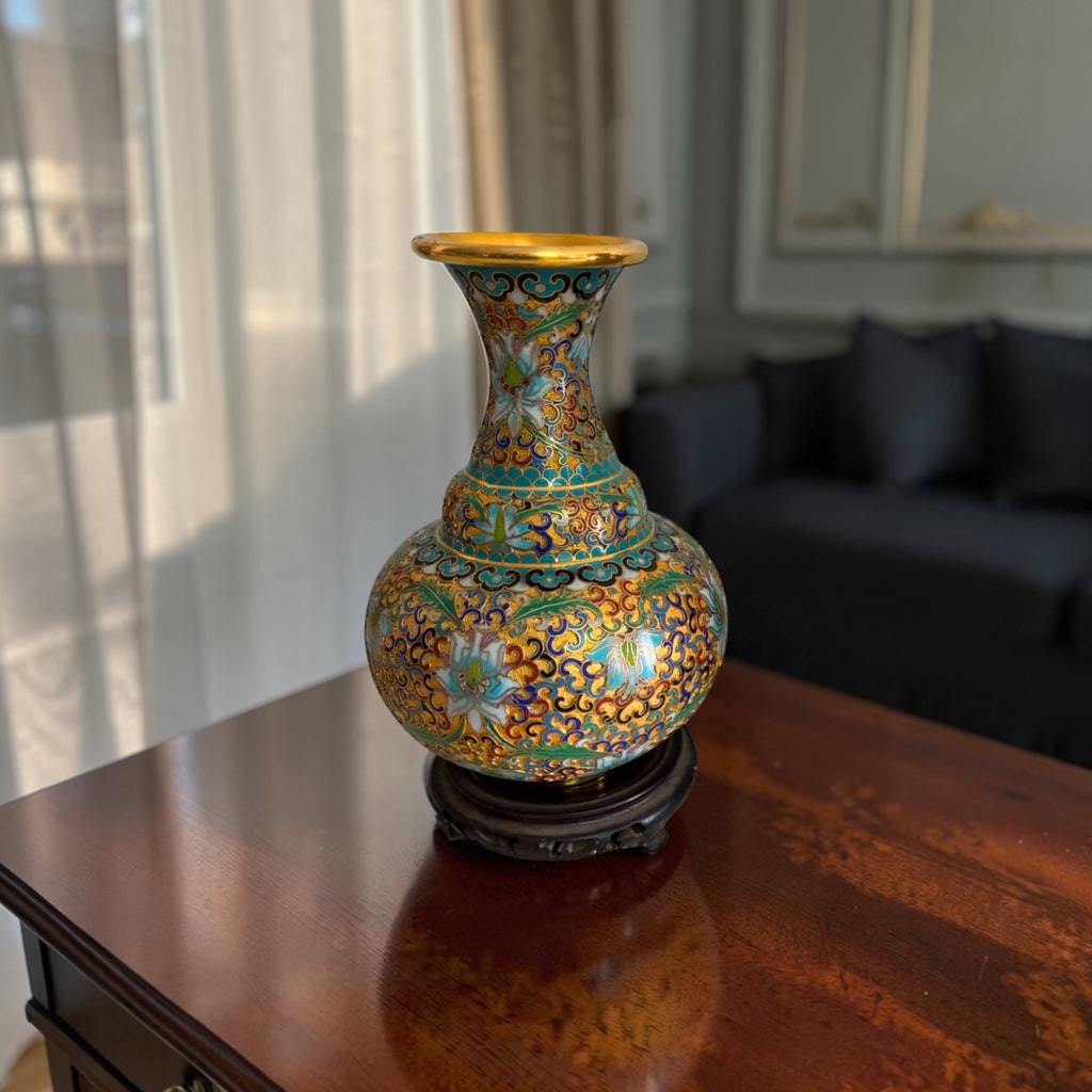 Cloisonné Vase with Wooden Base