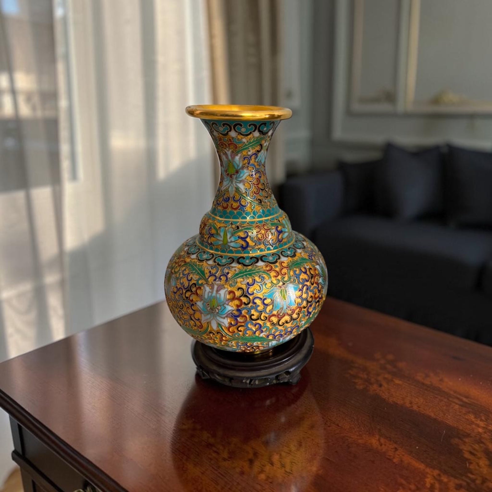 Cloisonné Vase with Wooden Base