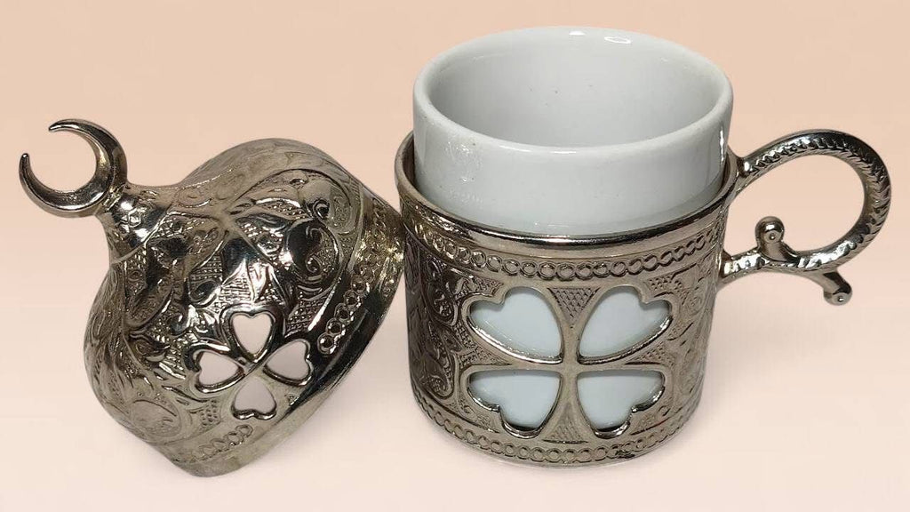 Turkish Metal Coffee Set with Tray – Islamic Design – 6 Cups