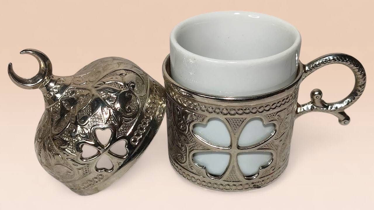 Turkish Metal Coffee Set with Tray – Islamic Design – 6 Cups